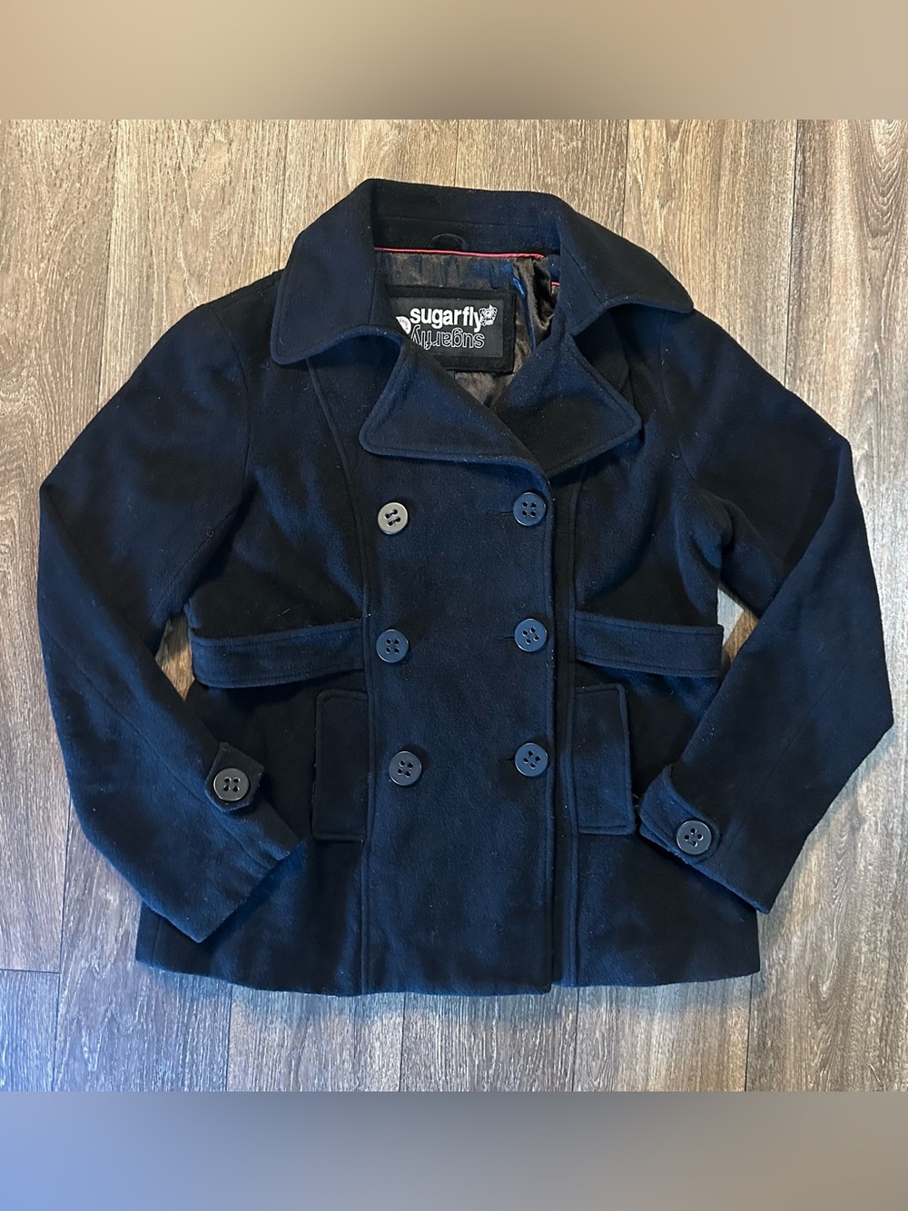 Sugarfly black wool blend pea coat Sz XL